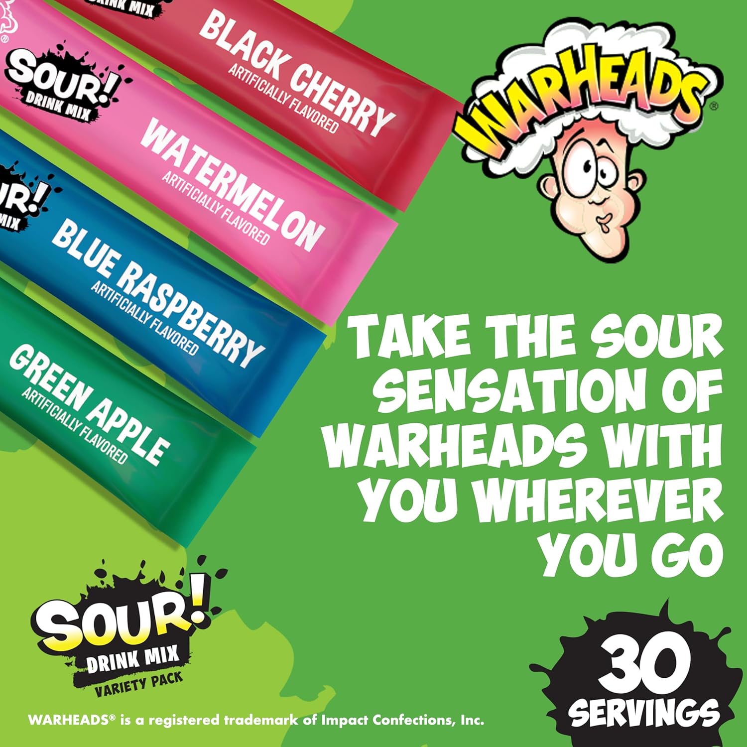 Warheads Singles To Go Sour Drink Mix, 30 Sticks, Variety Pack (Green Apple, Black Cherry, Watermelon, Blue Raspberry), Zero Sugar, Low Calorie - Image 3