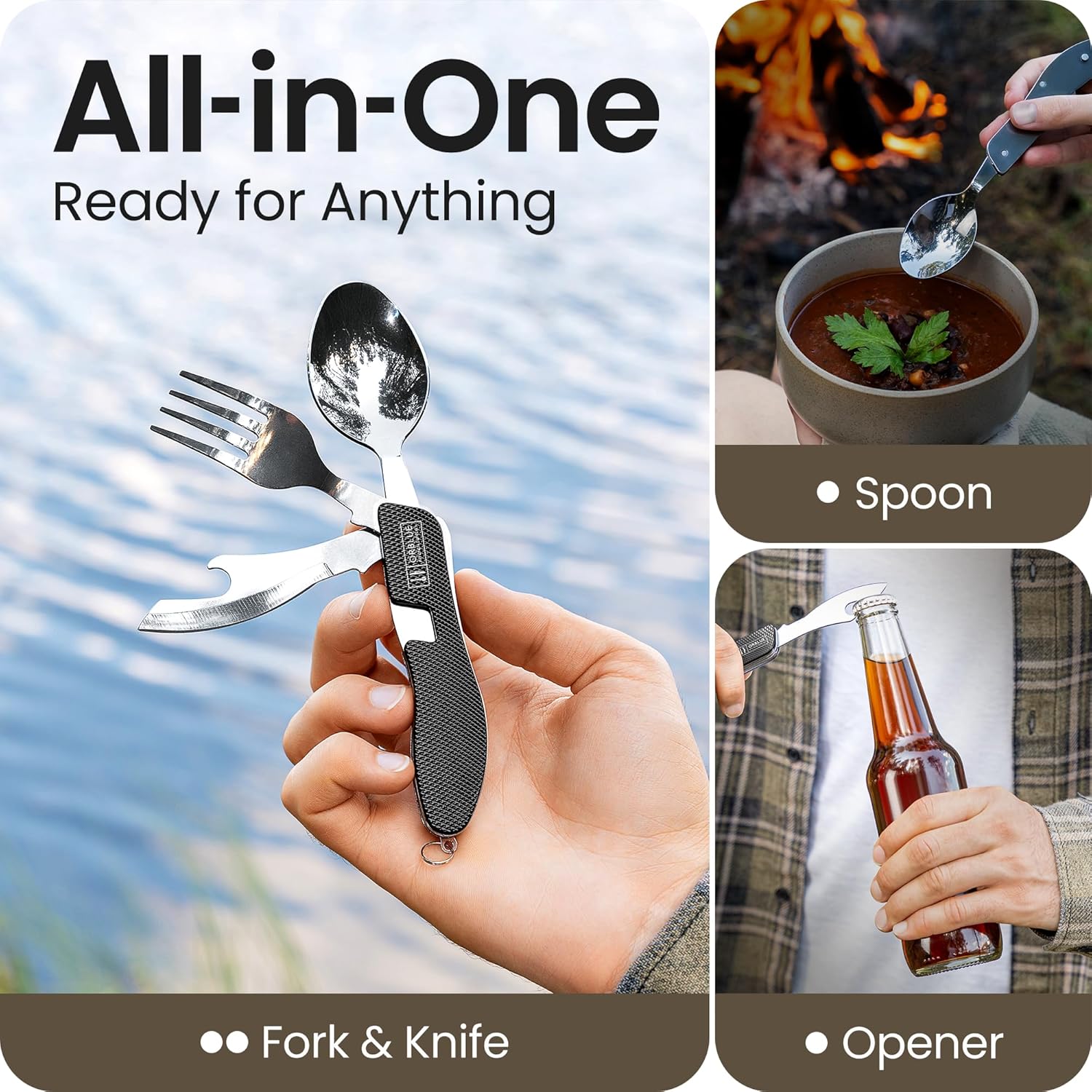 Orblue 4-in-1 Camping Utensils, 1-Pack, Portable Stainless Steel Spoon, Fork, Knife & Bottle Opener Combo Set - Travel, Backpacking Cutlery Multitool, Black - Image 2