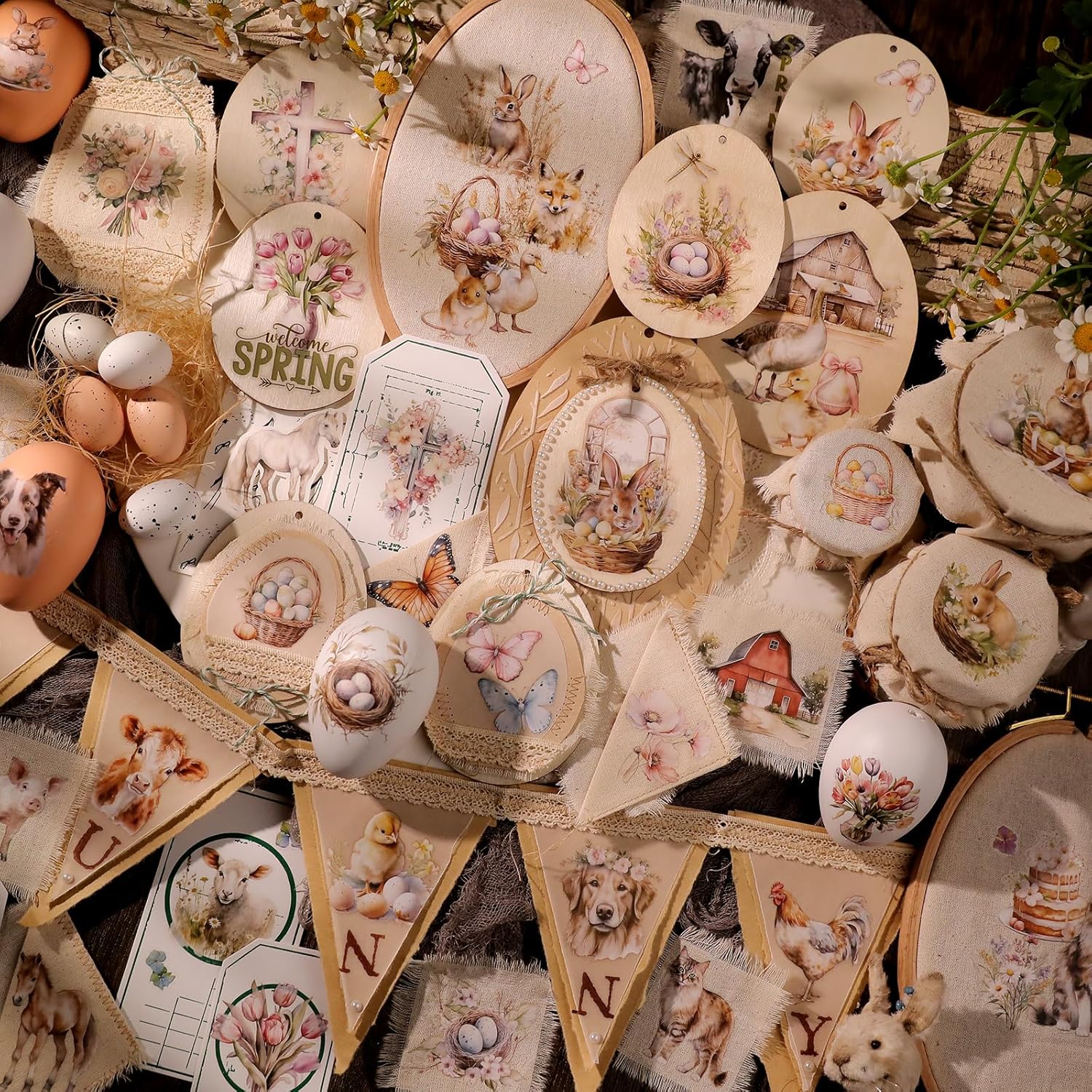 Spring Easter Crafts Rub On Transfers Sticker Vintage Floral Farm Rabbit Cow Decal DIY Egg Cute Bunny Use for Fabric Clay Paper Wood Holiday Scrapbooking Embellishments (Larger 3 Sheets) - Image 5