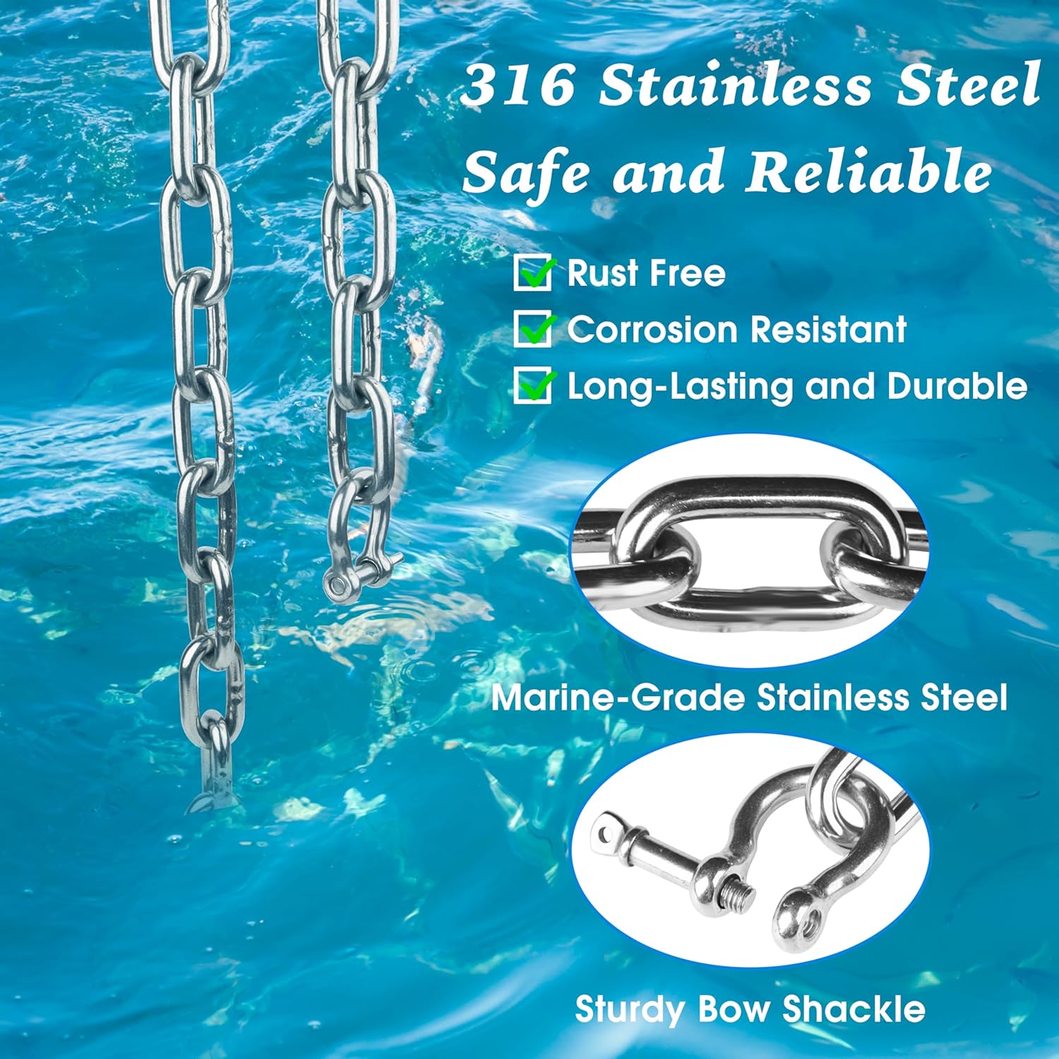 itayak Boat Anchor Chain, 316 Stainless Steel Marine Grade Anchor Lead Chain with Dual 5/16 Inch Lock Ring Shackles for Boats, Works with Different Anchors - Image 3