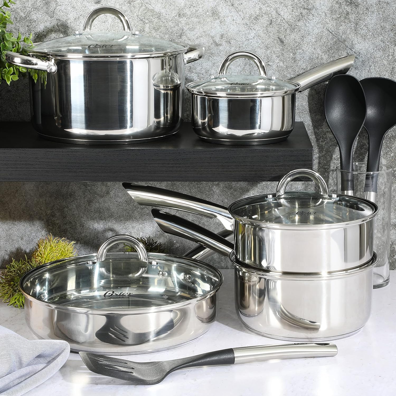 Oster Sangerfield 12-Piece Stainless Steel Cookware Set With Kitchen Tools, Non-Stick Pots and Pans, Durable Oven Safe Cookware for Home Cooking - Image 3