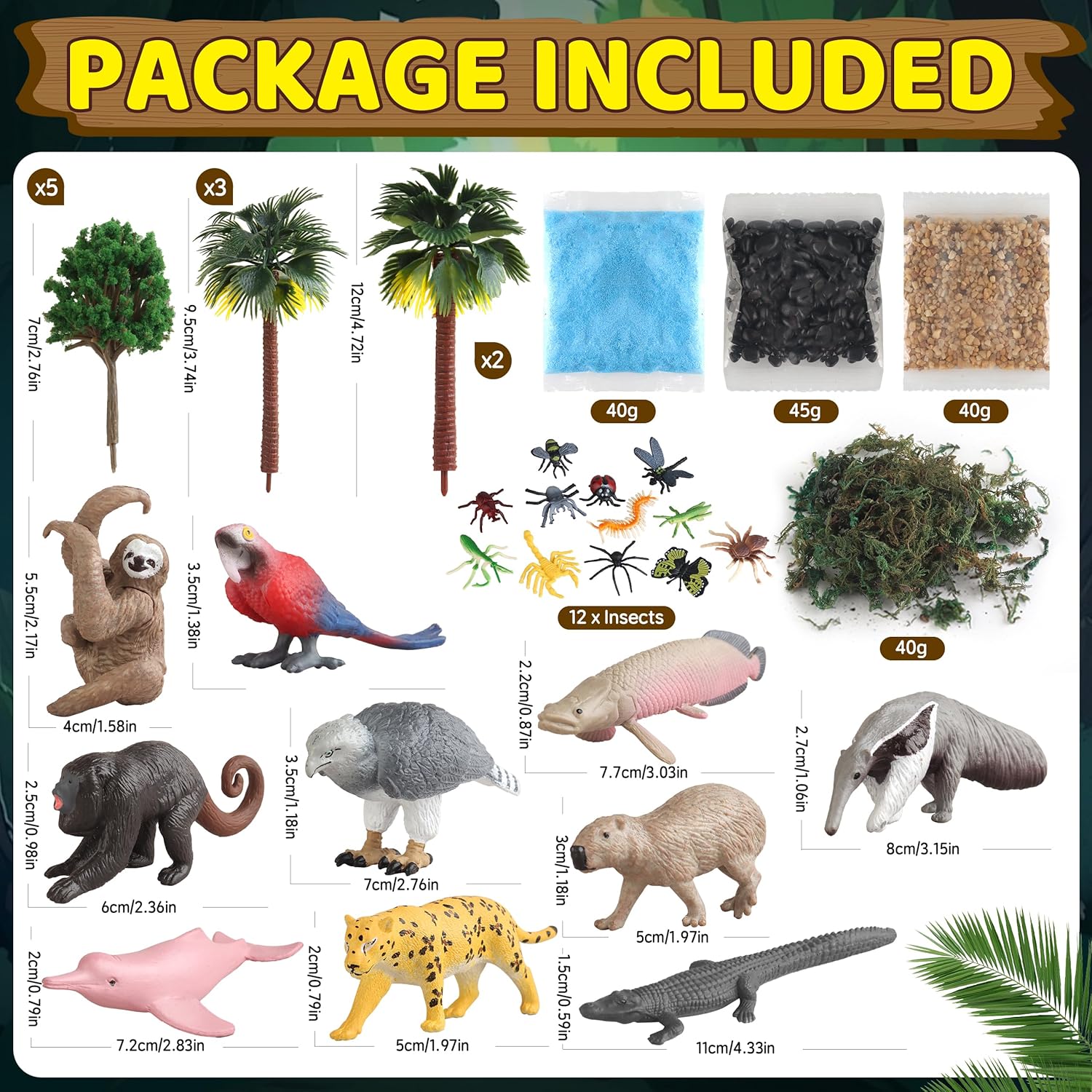 37PCS Rainforest Animals Figures Toys Set, Rainforest Diorama Supplies Include Jungle Animal Figurines,Trees, Moss, Sand, Stones for Kids Historical Education School Project Decoration Birthday - Image 3