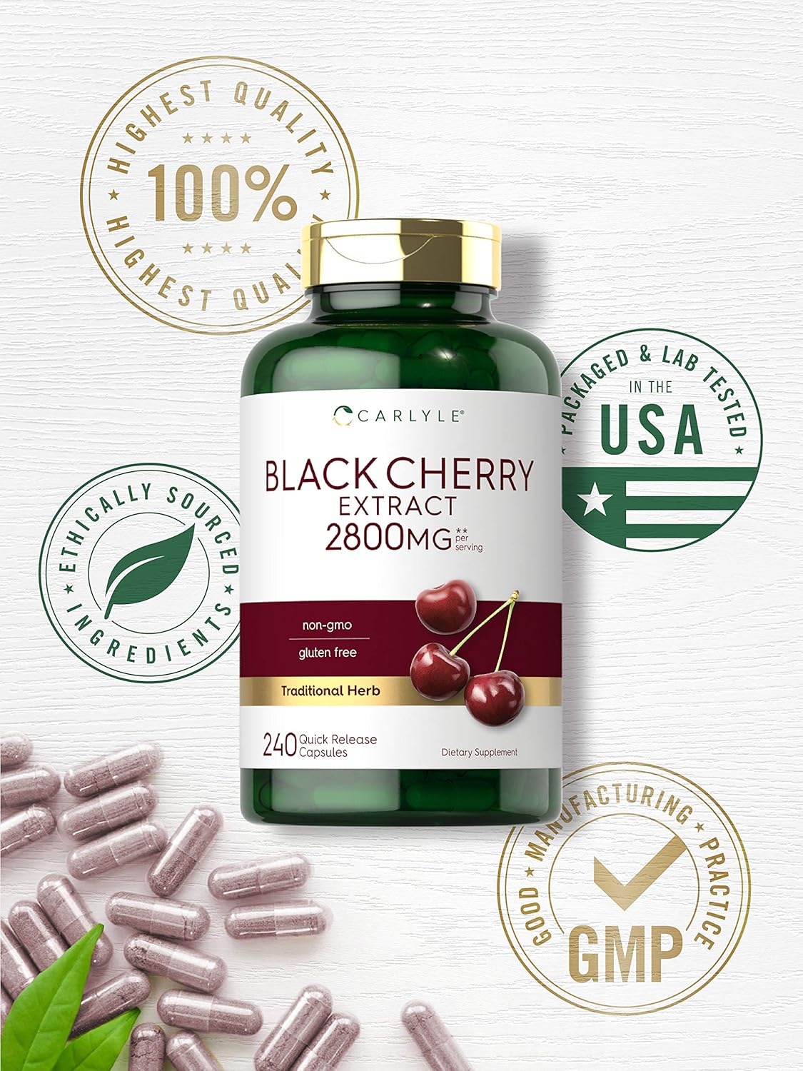 Carlyle Black Cherry Extract Concentrate | 240 Capsules | Non-GMO and Gluten Free Formula | Prunus Serotina Supplement - Image 5