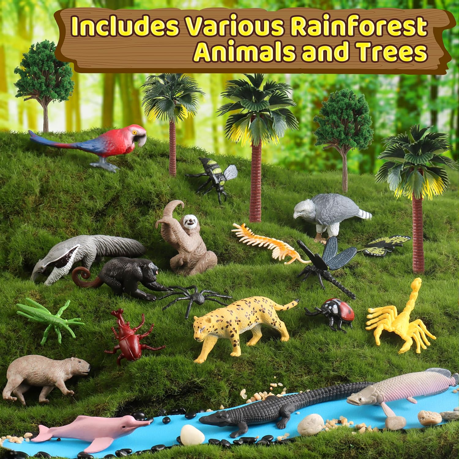 37PCS Rainforest Animals Figures Toys Set, Rainforest Diorama Supplies Include Jungle Animal Figurines,Trees, Moss, Sand, Stones for Kids Historical Education School Project Decoration Birthday - Image 2