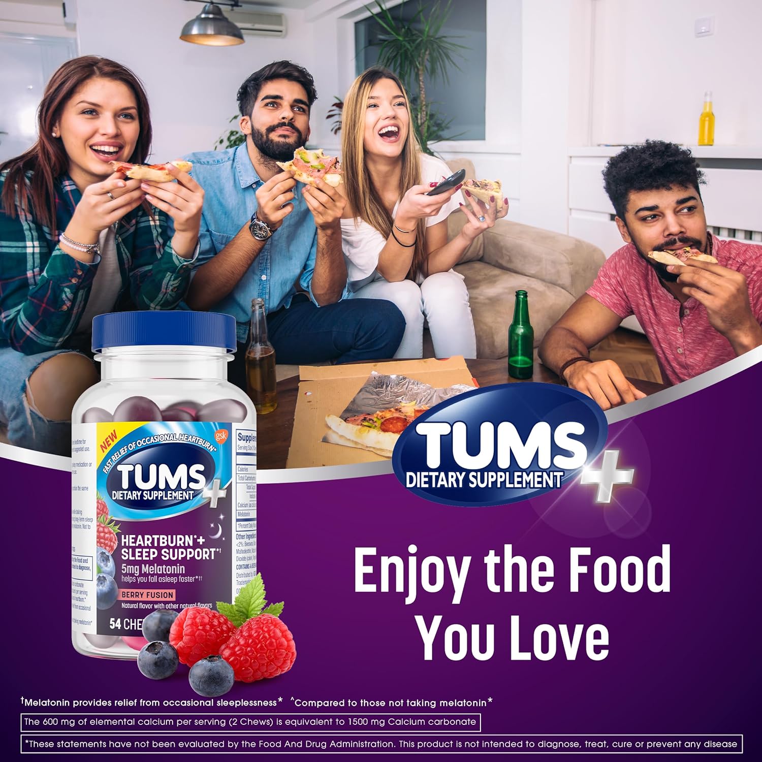 TUMS Heartburn Plus Sleep Support Chewable Dietary Supplement Tablets for Occasional Heartburn Relief Plus Sleep Support, Berry Fusion - 54 Count - Image 7