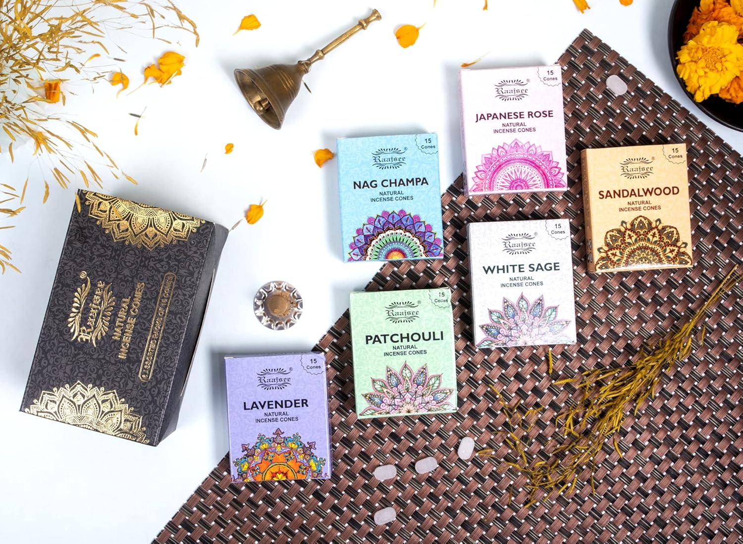 Raajsee Natural Incense Cones,6 Pack Mixed Scents Gift Pack 15 pc Each (90 Total), Insense Cones Variety Pack, 100% Organic Non Toxic Natural - Hand Rolled Free from Chemicals (Pack 1) - Image 2