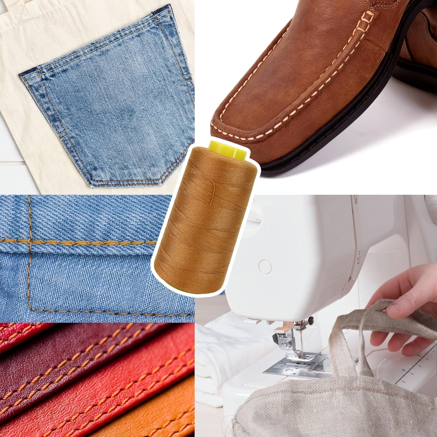 1500 Yards Jean Thread for Sewing Machine, Denim Thread 20s/2 Heavy Duty Strong Thick Bonded Cone Spools for Blue Jeans Shoes Bag Canvas Leather Nylon Hand Sewing 100% Polyester, Gold Color - Image 4