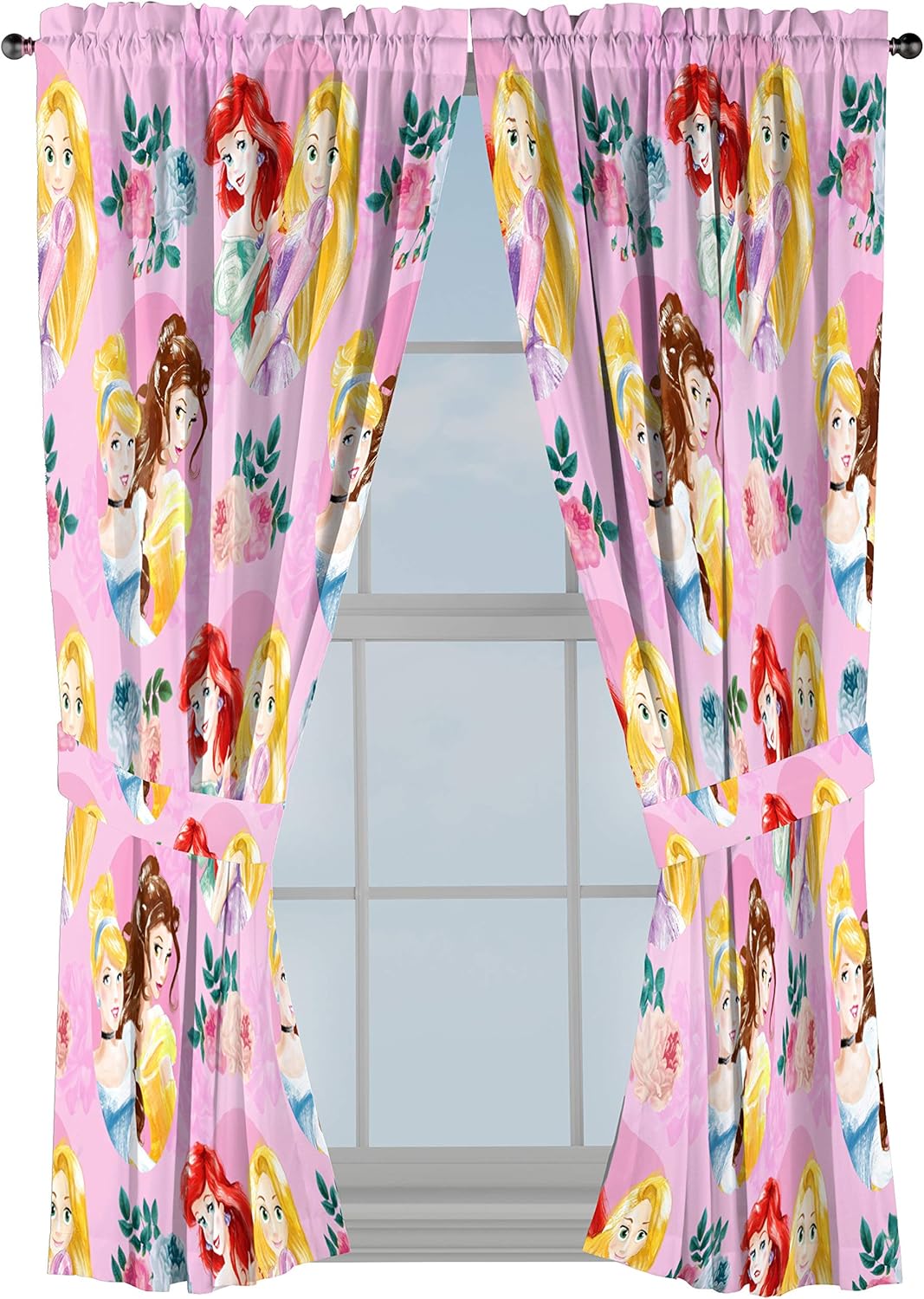 Jay Franco Disney Princess Sassy 63" Inch Drapes 4 Piece Set - Beautiful Room Décor & Easy Set Up, Bedding Features Cinderella & Belle - Window Curtains Include 2 Panels & 2 Tiebacks