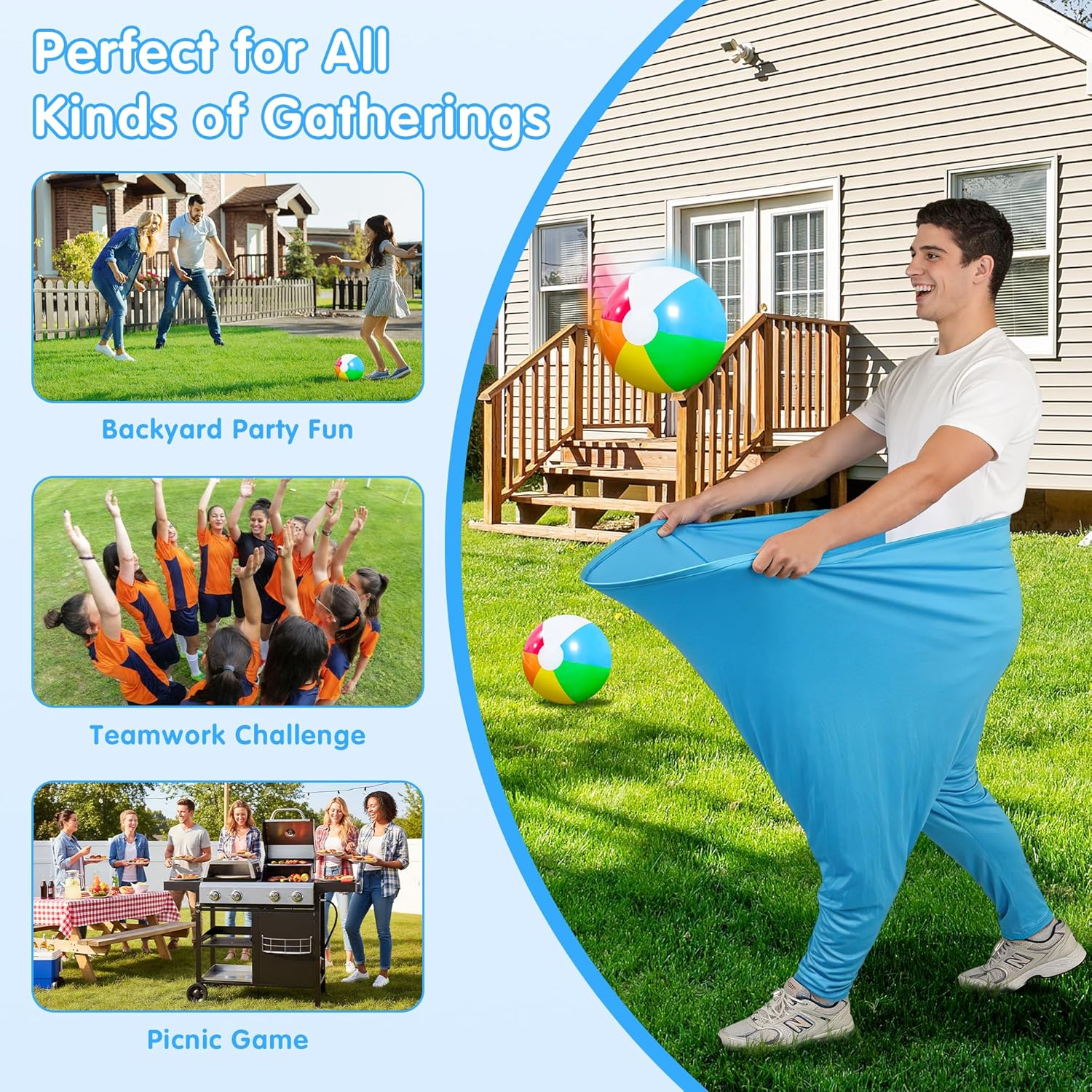 11PCS Granny Pants Yard Game Set - Oversized Blue & Yellow Pants with 8 Colorful Bouncy Balls and 1 Air Pump, Outdoor Tossing Games for Adults Team Relay Family Reunion Birthday Party Field Game Sets - Image 6