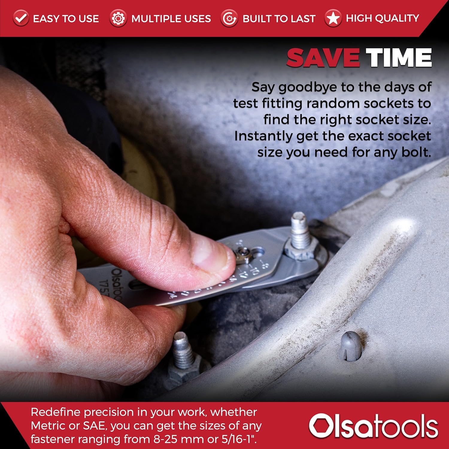 Olsa Tools Bolt Size Finder Keychain - Precision with Accurate Metric (8-25mm) and SAE (5/16 to 1") Measurements - Bolt Gauge - Dual-Sided - Portable Design - Gifts For Mechanics - Part: 1753 - Image 2