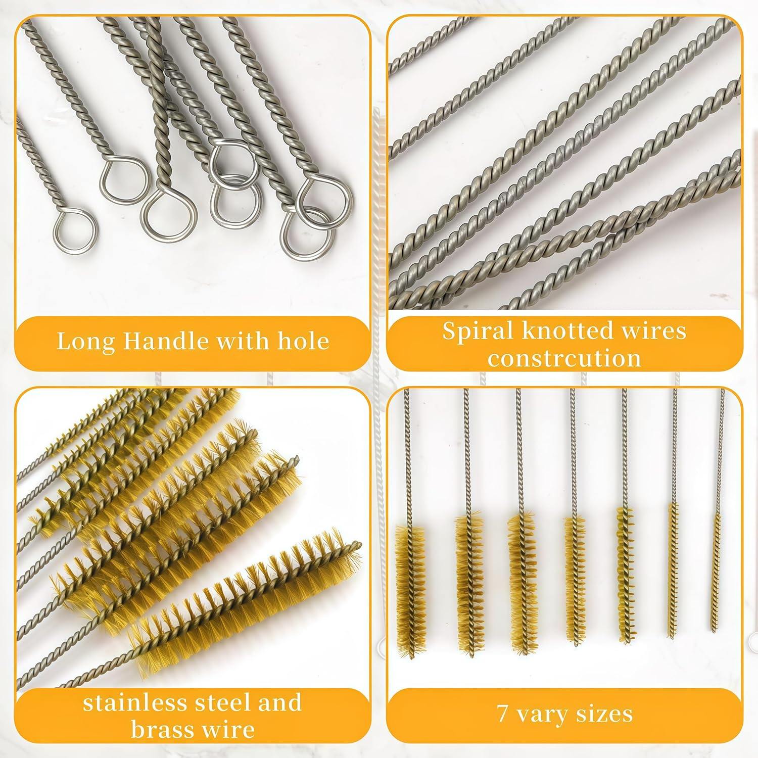 7 PCS Brass Wire Tube Brush Kit Wire Bottle Brushes, 11'' Long-Handle Wire Bristle Cleaning Pipe Cleaner, 6mm/8mm/10mm/12mm/15mm/20mm/22mm Brass Tube Brush for Tubes,Bottle,Keyboards,Glass - Image 4