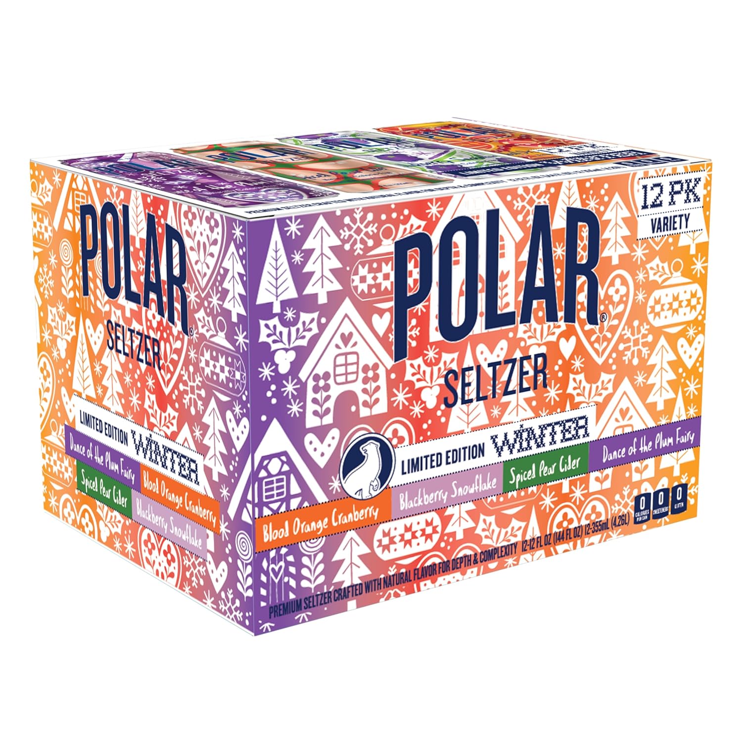 Polar Seltzer Limited Edition Winter Sparkling Water Variety Pack, 12 fl oz Cans, 12 Pack, Seasonal Flavors of Blackberry Snowflake, Dance of the Plum Fairy, Blood Orange Cranberry & Spiced Pear Cider - Image 7