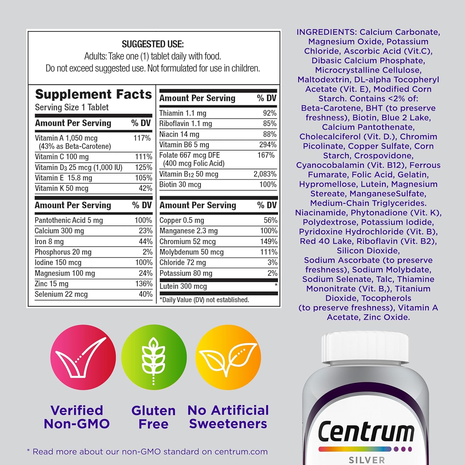 Centrum Silver Women's Multivitamin for Women 50 Plus, Multivitamin/Multimineral Supplement with Vitamin D3, B Vitamins, Non-GMO Ingredients, Supports memory and cognition in older adults - 65 Ct - Image 9