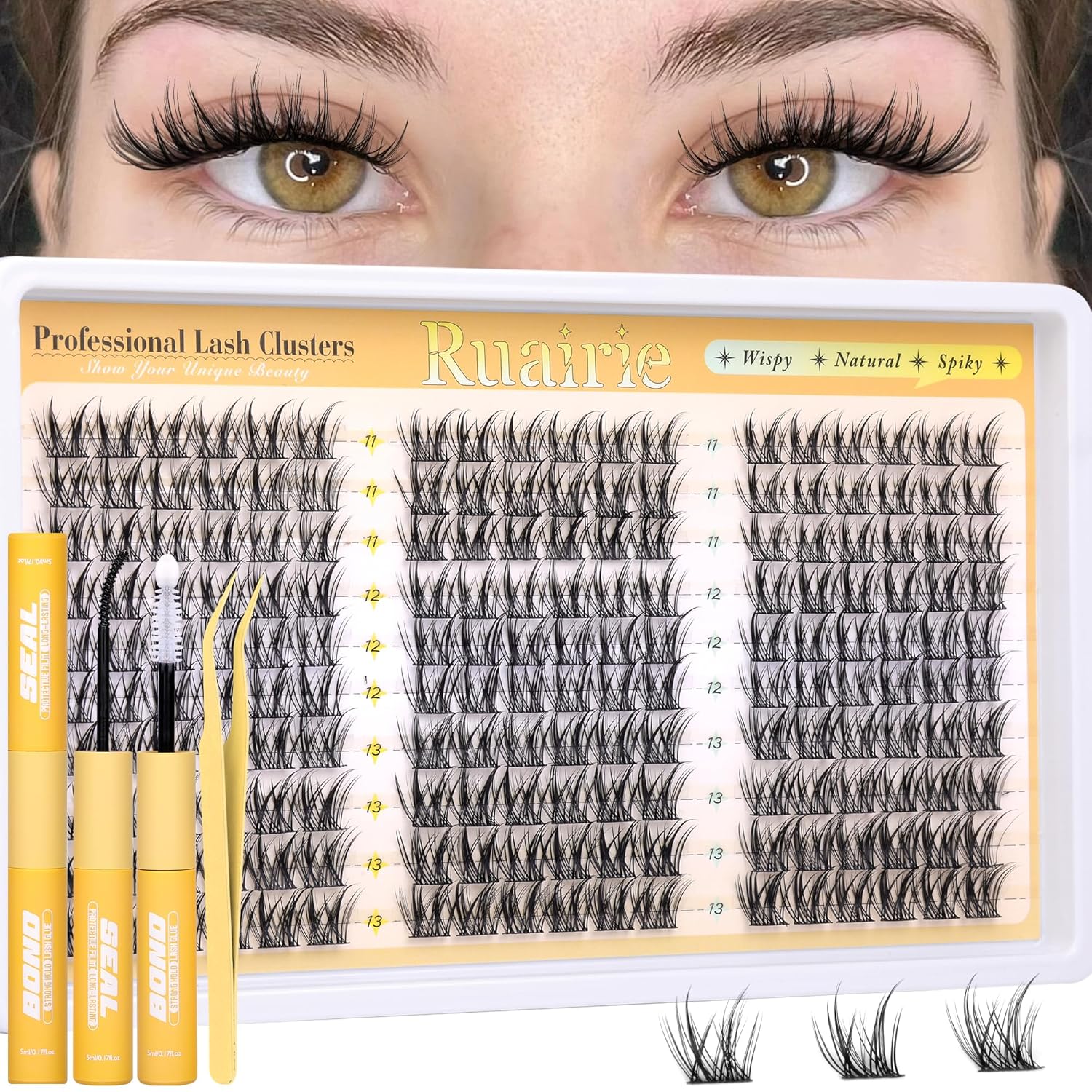 Manga Lash Clusters Kit Natural Eyelash Clusters Kit Wispy Lash Extensions 180pcs Spiky Cluster Eyelash Extensions C Curly 11-13mm Eyelash Extension Kit with Bond, Seal and Tweezers by Ruairie