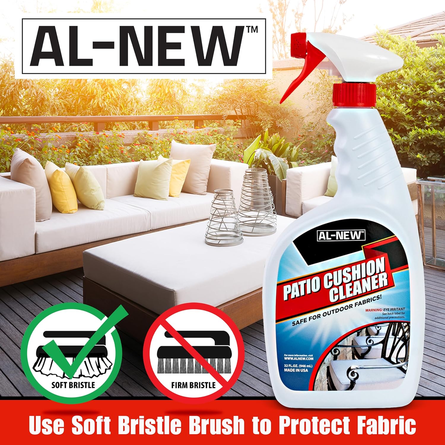 AL-NEW Patio Cushion Cleaner | Safe For Use On Outdoor Fabrics Such As Patio Cushions, Awnings, Furniture Covers, and more (32 Ounce) Pack of 2 - Image 2