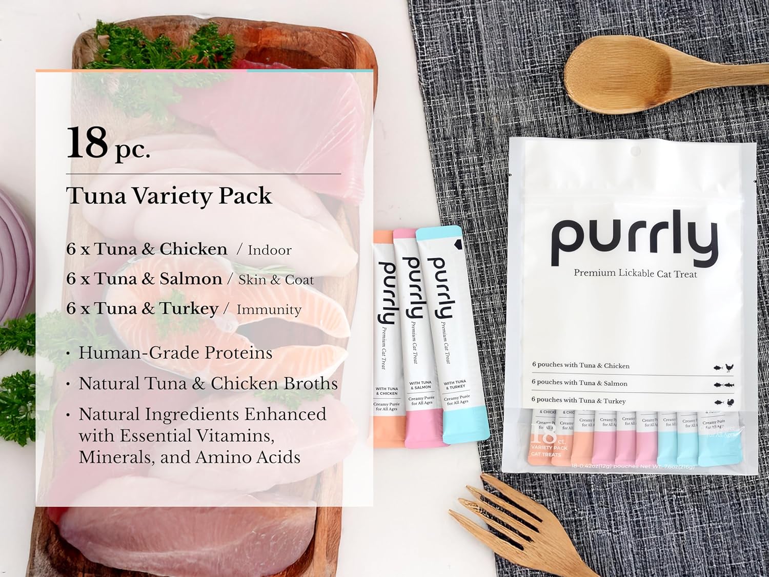 Purrly Cat Treat Snack Wet Lickable Low Calorie Healthy Grain-Free Tuna Variety Packs (18 Count) Squeezable Creamy Purée with Human-Grade Proteins and Functional Nutrients No-Artificial-Additives - Image 2