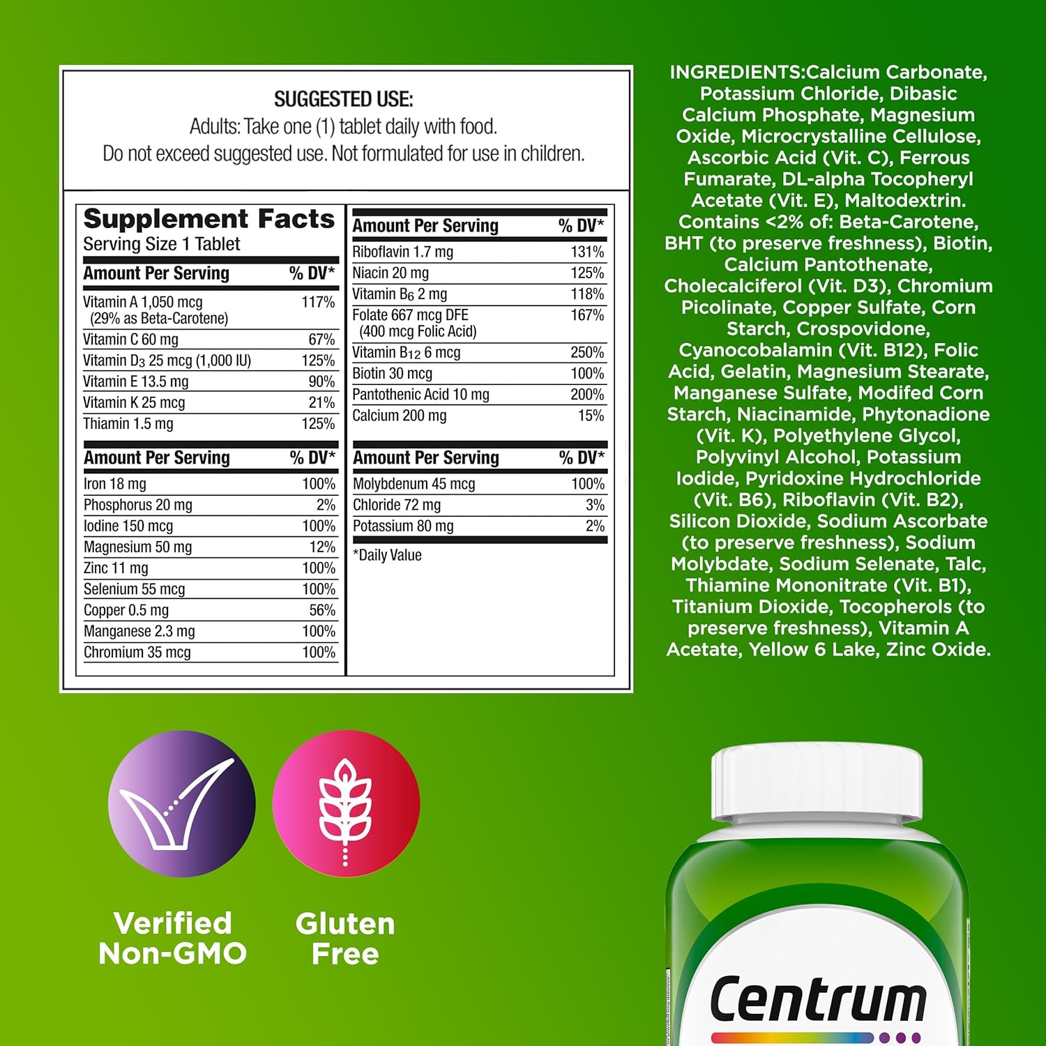 Centrum Adult Multivitamin/Multimineral Supplement with Antioxidants, Zinc, Vitamin D3 and B Vitamins, Gluten Free, Non-GMO Ingredients - 200 Count - Image 9