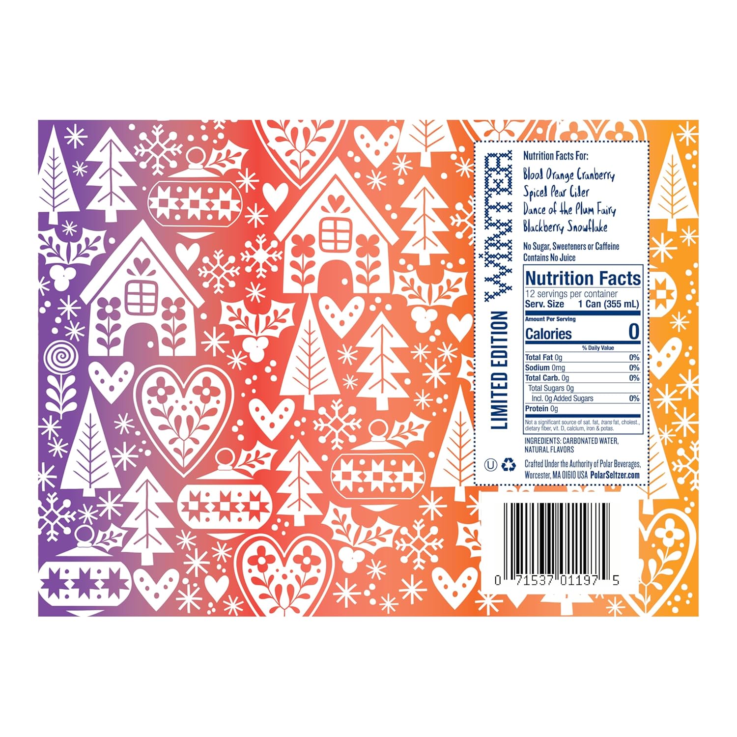Polar Seltzer Limited Edition Winter Sparkling Water Variety Pack, 12 fl oz Cans, 12 Pack, Seasonal Flavors of Blackberry Snowflake, Dance of the Plum Fairy, Blood Orange Cranberry & Spiced Pear Cider - Image 2