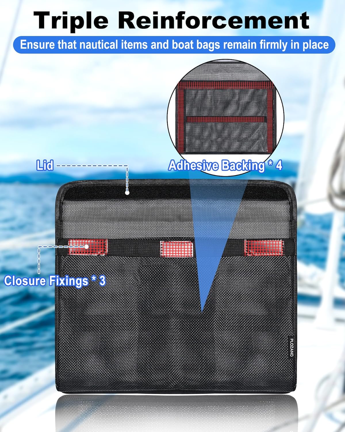 PLOZANO Closable Boat Storage Bag with Lid, Reflective Strong Adhesive PVC Boat Caddy Organizer Mesh Bag, Boat Storage Net for Gloves, Flashlight etc.13.4"x9.8" - Image 2