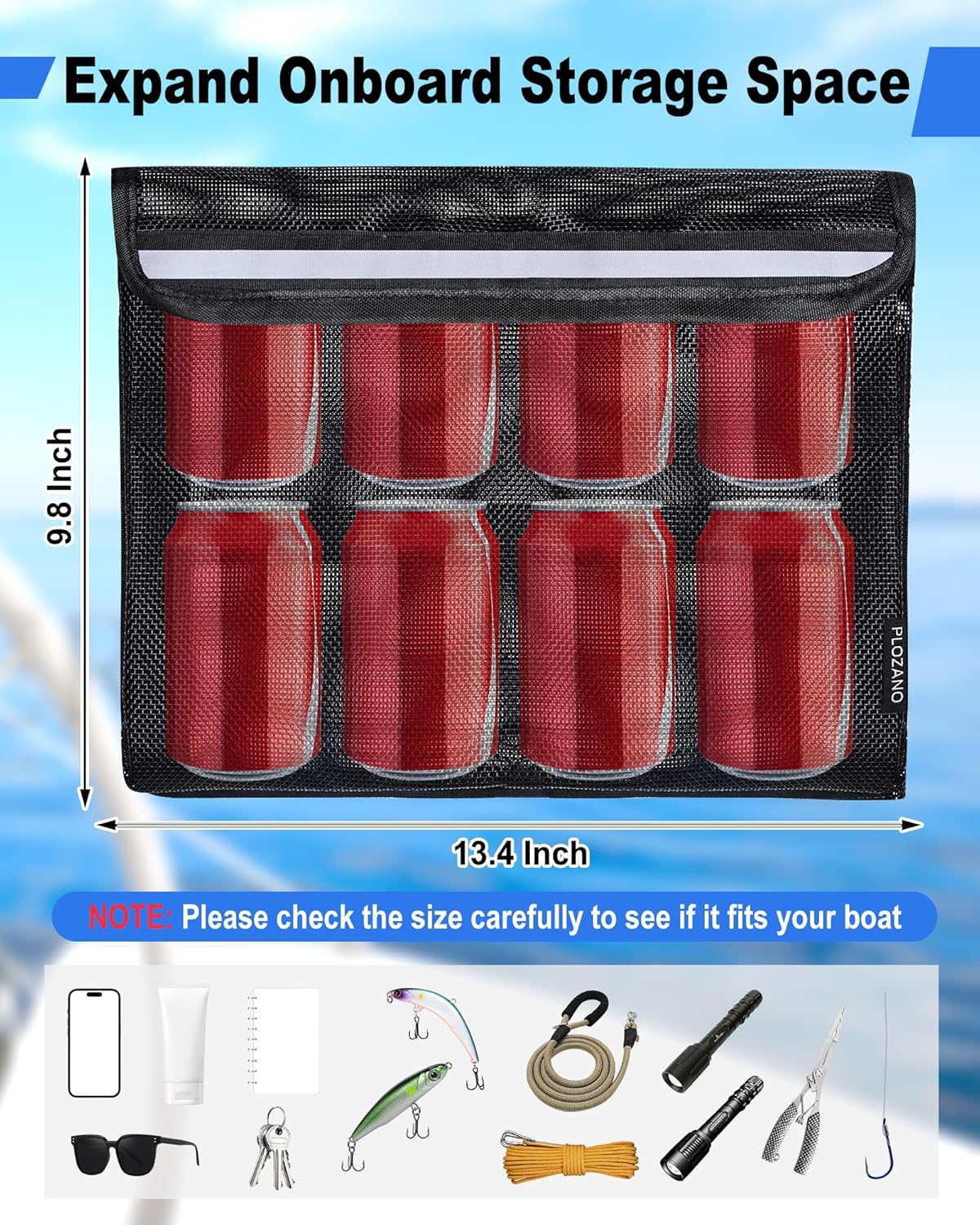 PLOZANO Closable Boat Storage Bag with Lid, Reflective Strong Adhesive PVC Boat Caddy Organizer Mesh Bag, Boat Storage Net for Gloves, Flashlight etc.13.4"x9.8" - Image 3
