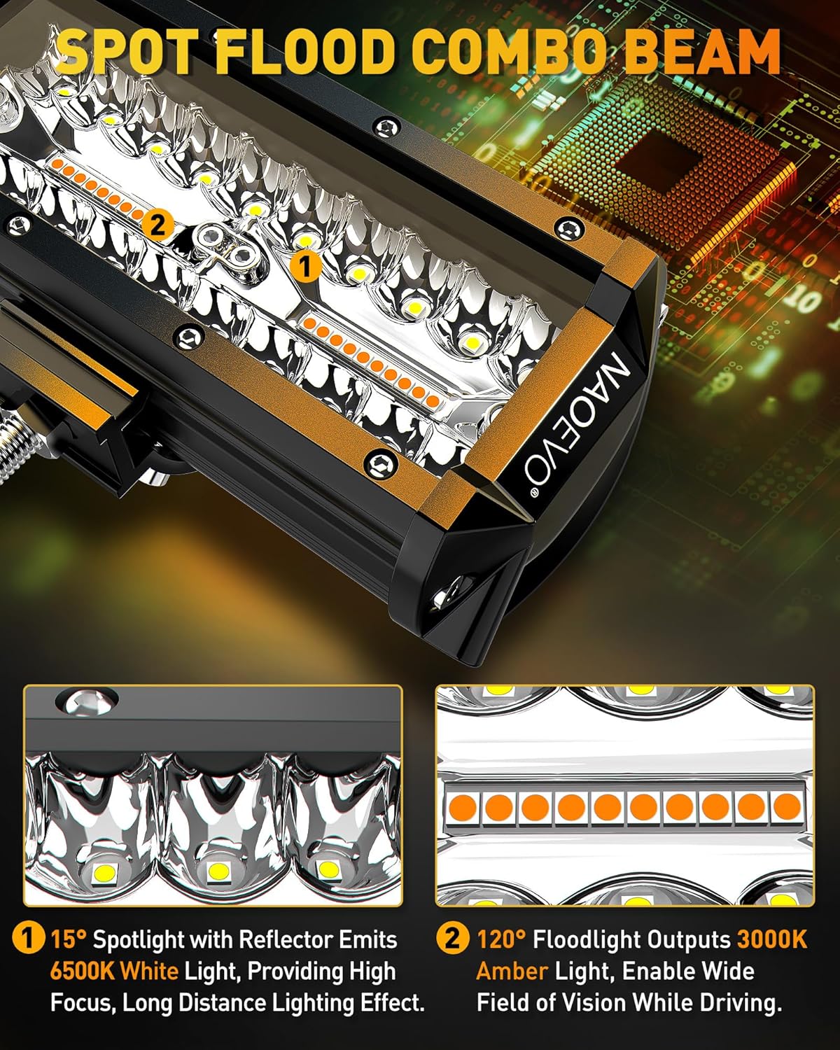 NAOEVO 7 Inch LED Light Bar, White Amber Offroad Fog/Driving Lights LED Pods with Strobe/Memory Function, 2 Leads Wiring Harness Included, Work for Truck Boat ATV UTV, 2-Pack (6 Modes) - Image 5
