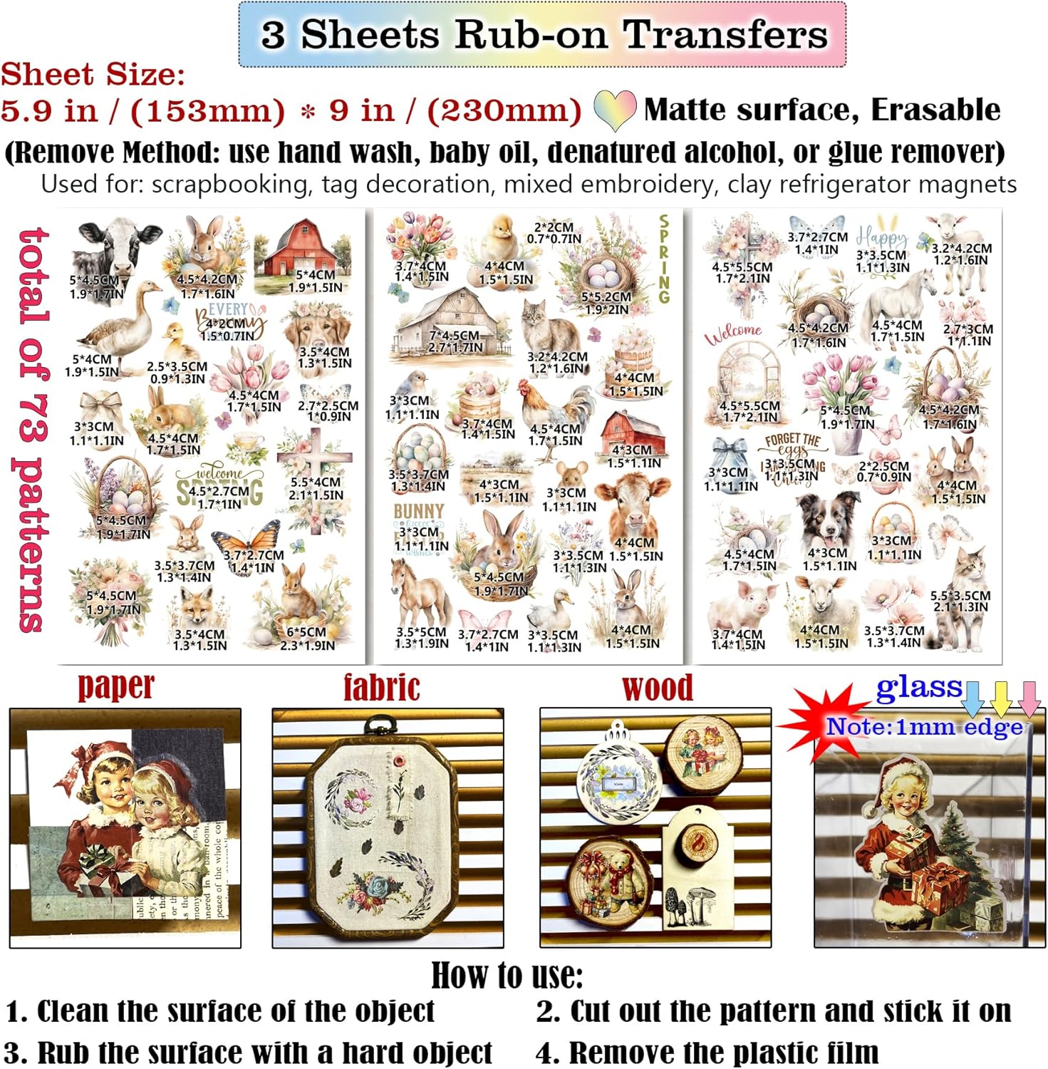 Spring Easter Crafts Rub On Transfers Sticker Vintage Floral Farm Rabbit Cow Decal DIY Egg Cute Bunny Use for Fabric Clay Paper Wood Holiday Scrapbooking Embellishments (Larger 3 Sheets) - Image 2