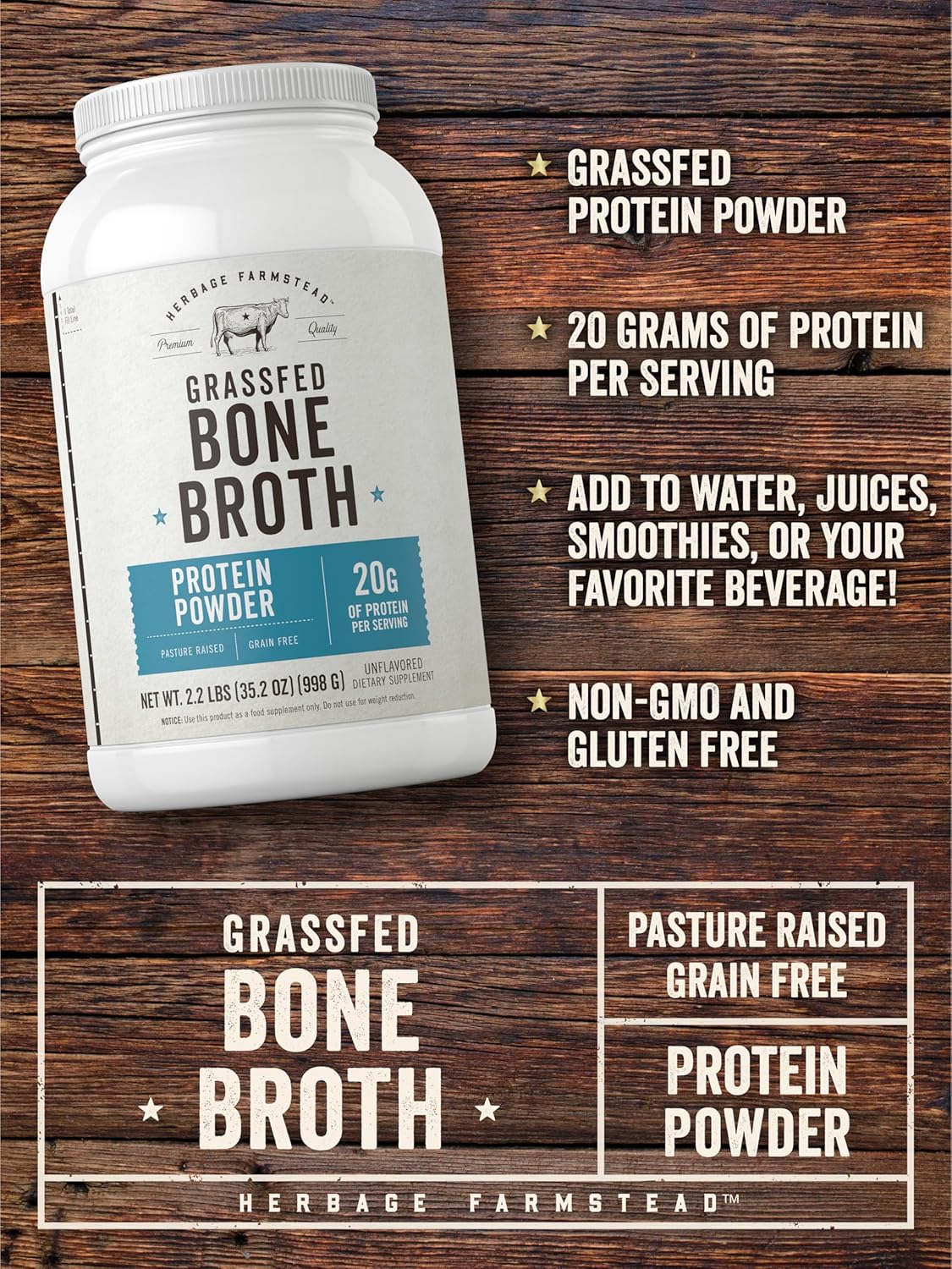 Carlyle Grass Fed Bone Broth Protein Powder | 35.2 oz (2.2lb) | 20g Protein | Pasture Raised, Grain Free Supplement | Non-GMO & Gluten Free | By Herbage Farmstead - Image 4