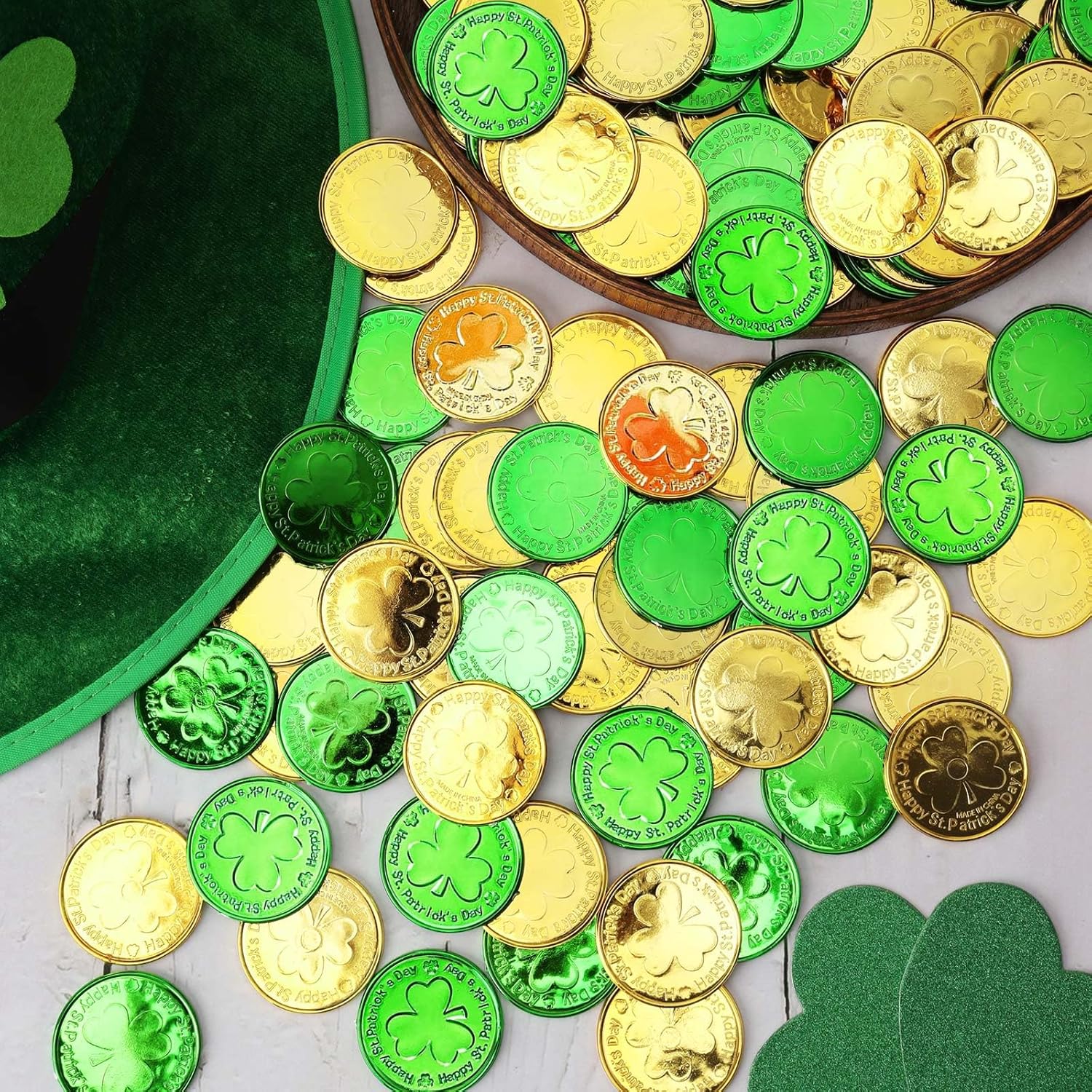 120 PCS St. Patrick’s Day Shamrock Coins, Gold and Green Plastic Lucky Coins, 3-Leaf Clover Coin for Patrick’s Day Decoration and Irish Themed Party Favors - Image 7