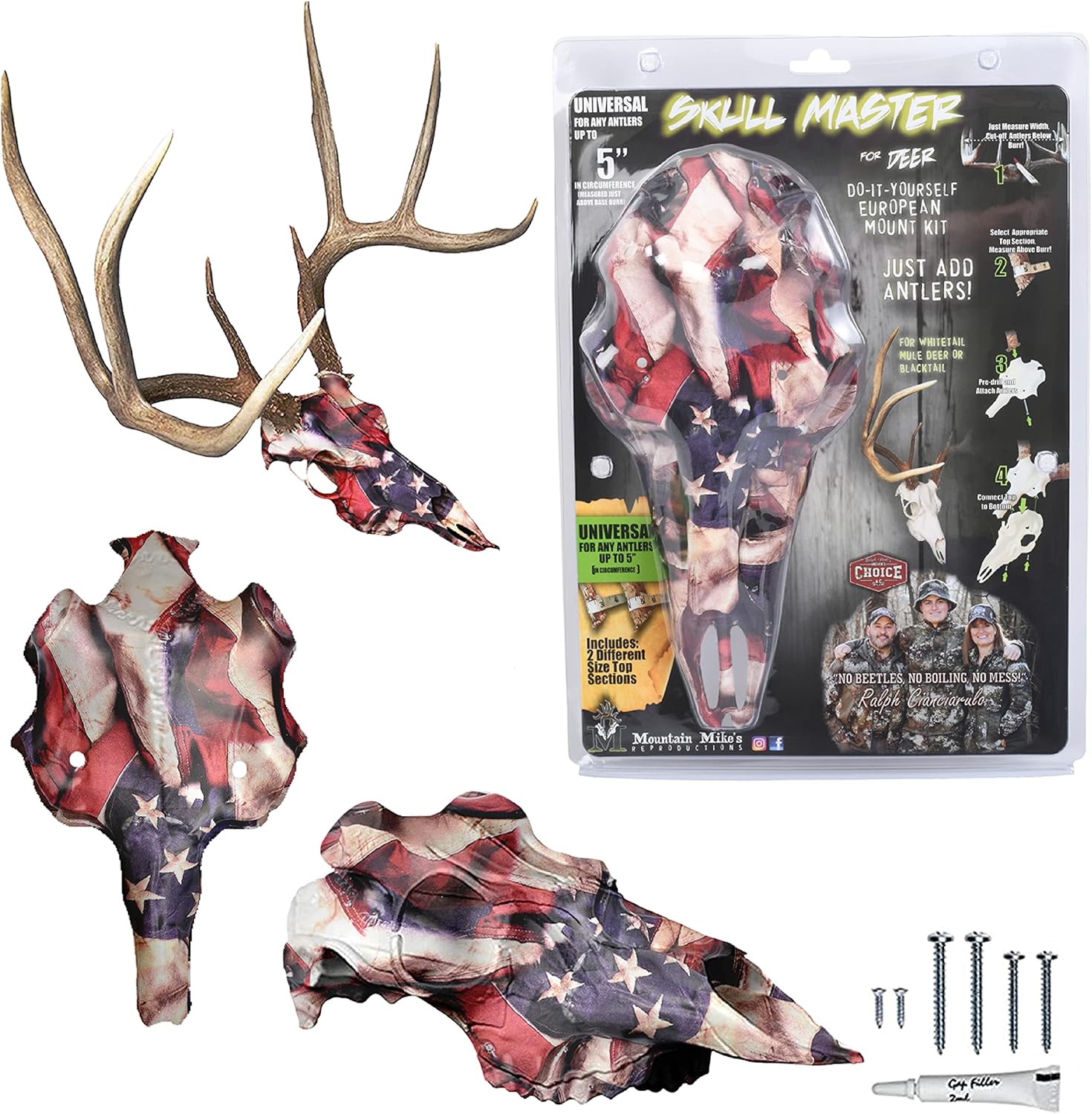 Skull Master by Illusion | Color: Respect Flag | European Mount | Antler Mounting Kit | Euro Mount | 3D Modeled Replica Deer Skull | Taxidermy | for Harvested and Shed Antlers | Universal Sizing