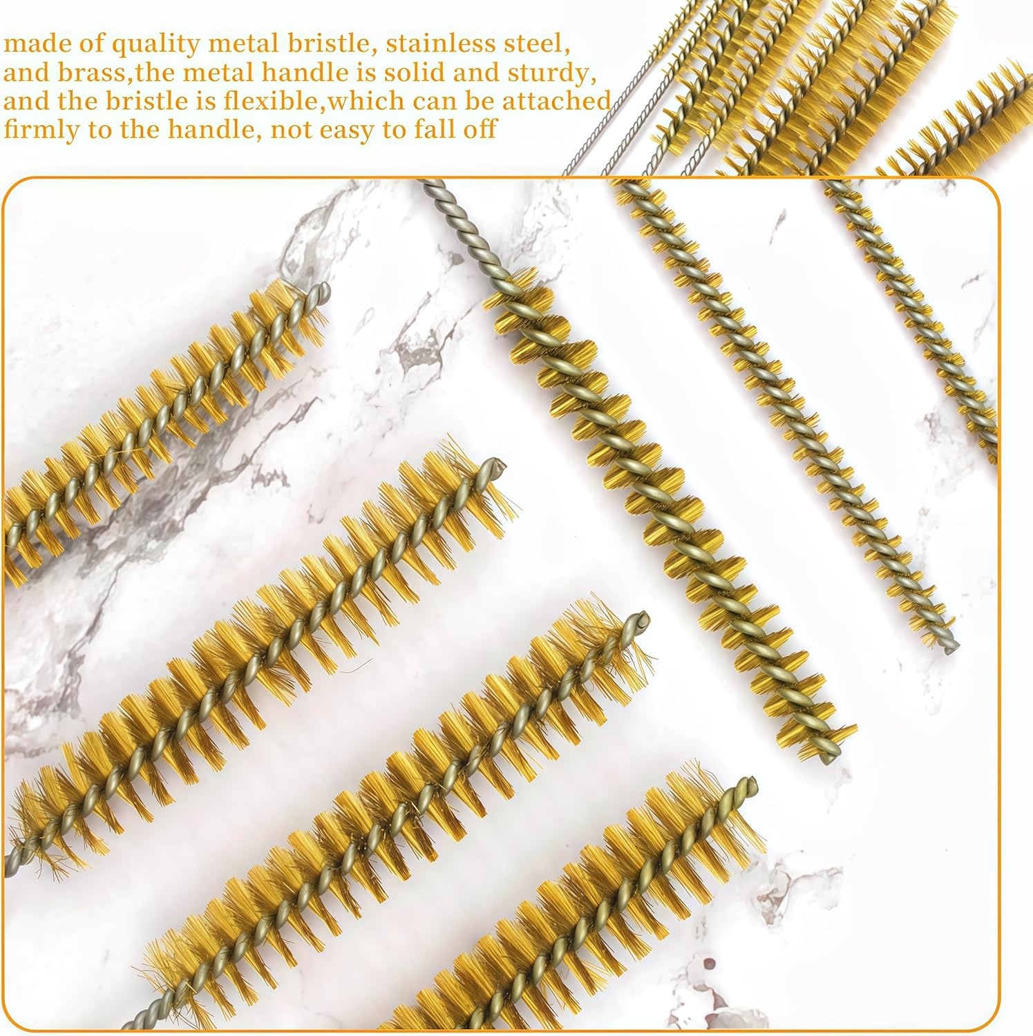 7 PCS Brass Wire Tube Brush Kit Wire Bottle Brushes, 11'' Long-Handle Wire Bristle Cleaning Pipe Cleaner, 6mm/8mm/10mm/12mm/15mm/20mm/22mm Brass Tube Brush for Tubes,Bottle,Keyboards,Glass - Image 5