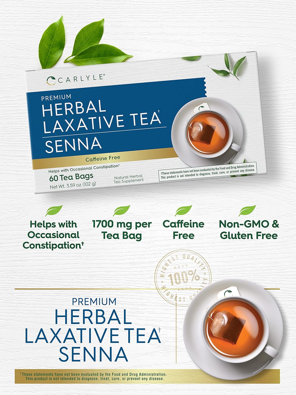 Carlyle Herbal Laxative Senna Leaf Tea | 60 Tea Bags | No Caffeine | Helps with Occasional Constipation | Vegetarian, Non-GMO & Gluten Free - Image 3
