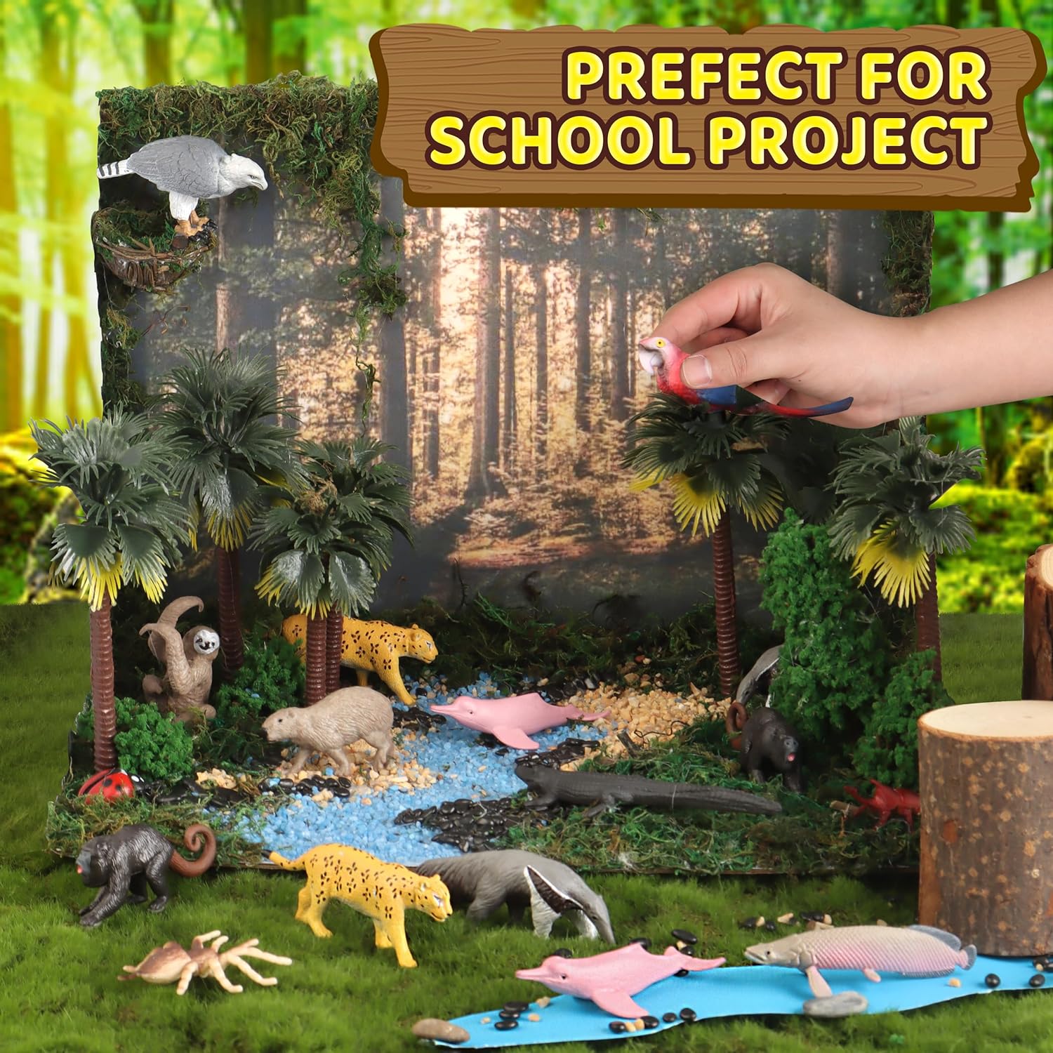 37PCS Rainforest Animals Figures Toys Set, Rainforest Diorama Supplies Include Jungle Animal Figurines,Trees, Moss, Sand, Stones for Kids Historical Education School Project Decoration Birthday - Image 7