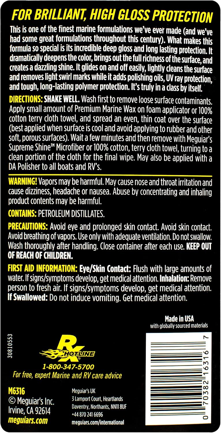 Meguiar's Flagship Premium Marine Wax M6316 - Synthetic RV and Boat - Durable Fiberglass and Gel Coat Protection for a Long-Lasting Shine - Professional-Grade with UV Protection, 16 Oz Liquid - Image 2