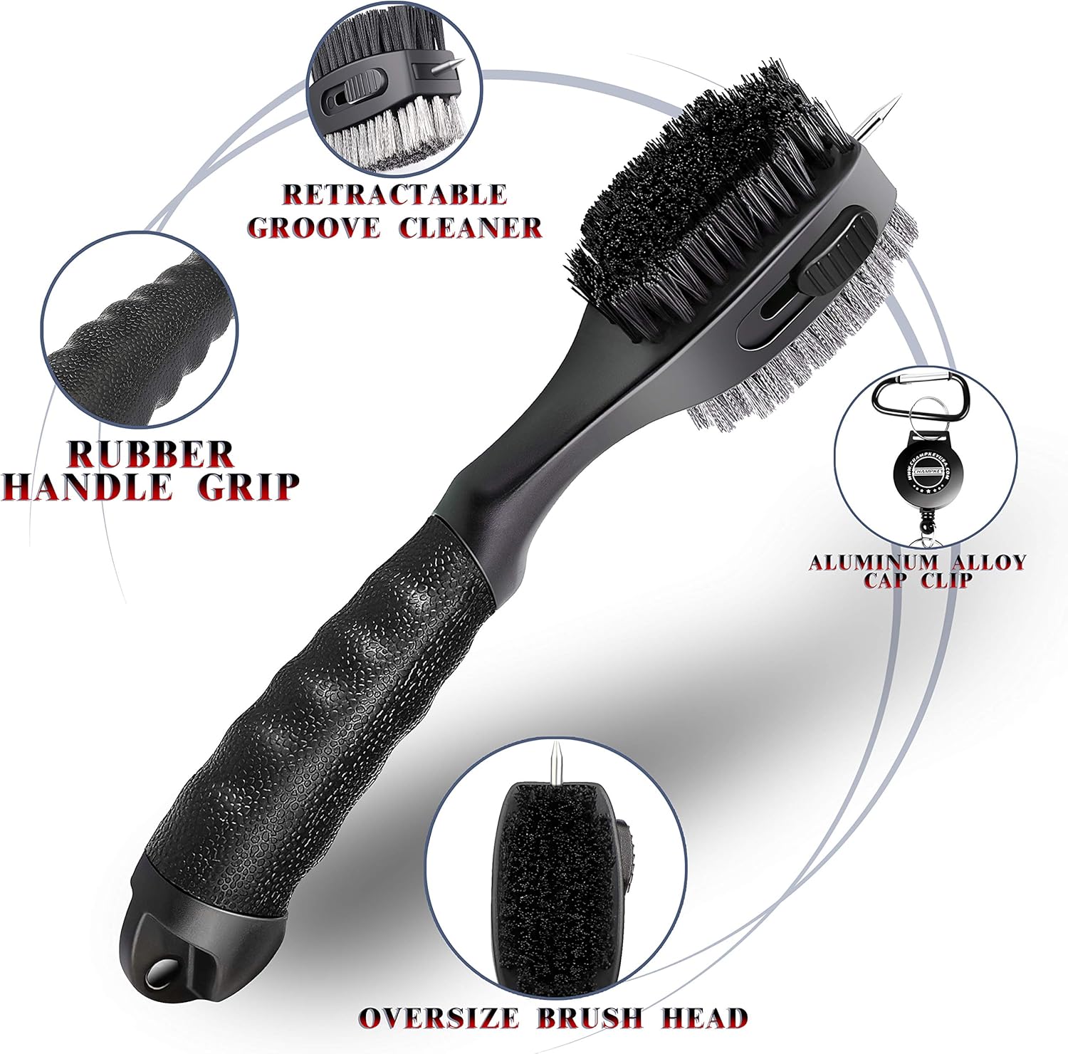CHAMPKEY PRO Retractable Golf Club Brush - Oversized Brush Head with Soft Rubber Hand Grip & Retractable Groove Cleaner Golf Brush(Black(1 Pcs)) - Image 2