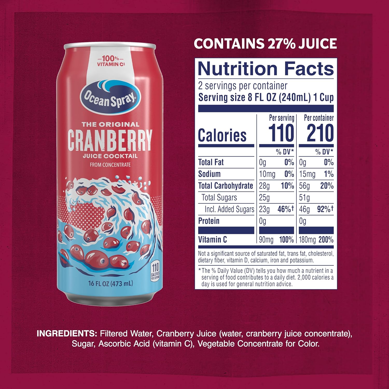 Ocean Spray® Cranberry Juice Cocktail Juice Drink, 16oz can (12 Pack) - Image 2