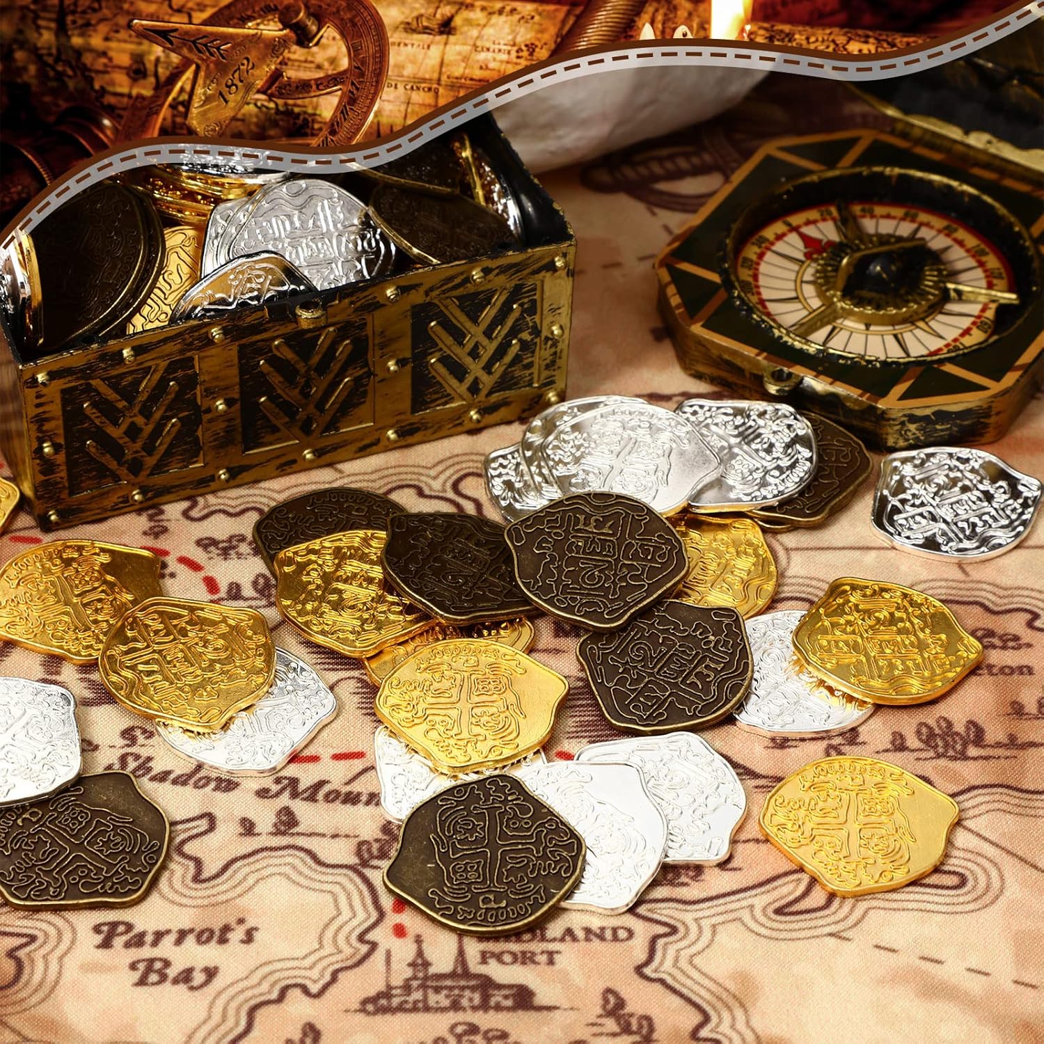 Hanaive 100 Pcs Metal Pirate Coins Treasure Chest Spanish Doubloon Fake Coins Tokens for Kids Board Games Pirate Party Cosplay (Novelty Style) - Image 7
