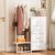 KKL Small Dresser for Bedroom with Clothes Hanging Rack, Reversible Bedroom Dresser with Shoe Rack & 4 Fabric Drawers, 3-in-1 Storage Chest of Drawers with Storage Shelves & Tree Hooks, White